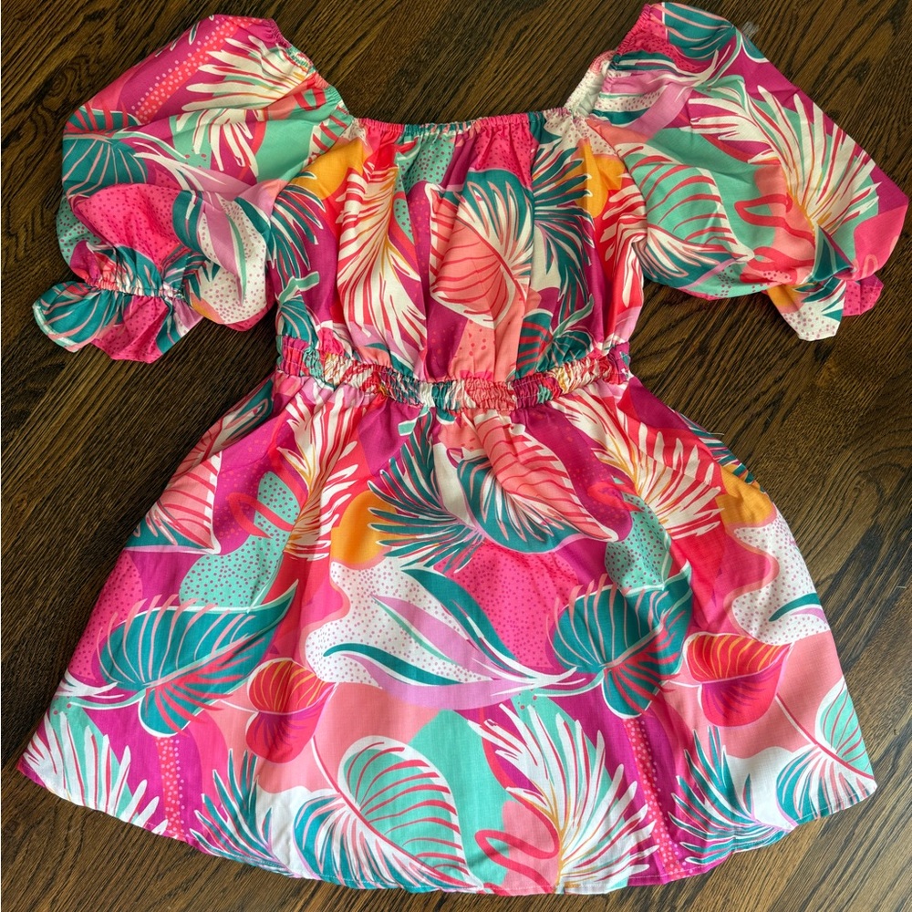 Tropical Pink and Green Dress, puff sleeves, off shoulder, sz medium